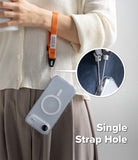 Dual Hand Slim Strap - Orange wrist strap attached to a clear phone case via a single strap hole, with a magnified inset.
