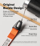 Dual Hand Slim Strap - Diagram showing a camera strap with a nylon end, polycarbonate buckle base, and orange fabric strap.