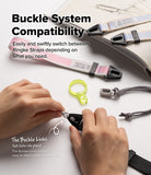 Dual Hand Slim Strap - Hands clicking a grey buckle link into a black strap connector with various colorful straps nearby.