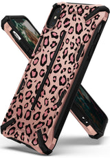 iPhone XS Max Case | Dual-X Design - Rose gold phone case with black leopard print and rugged black accents.