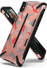 iPhone XS Max Case | Dual-X Design - Pink camouflage phone case with black protective accents and rugged edges.