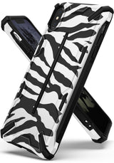 iPhone XS Max Case | Dual-X Design - Rugged white and black zebra-patterned phone case with reinforced black corners.