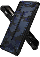 iPhone XS Case | Dual-X Design - Rugged blue camouflage phone case with black reinforced corners and textured frame.