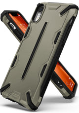 iPhone XR Case | Dual-X [DX] - Rugged, sand-colored phone case with black accents and geometric design, shown from front and back angles.