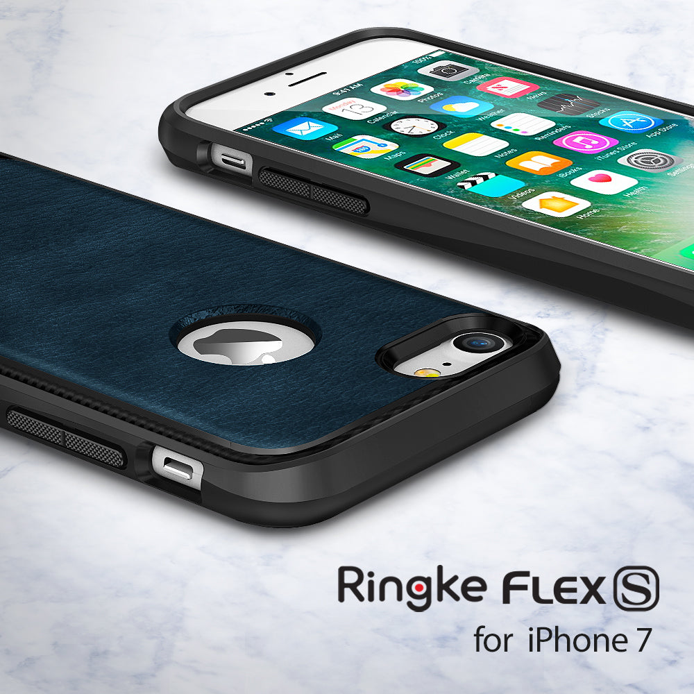 iPhone 7 Case | Flex S - Navy blue leather-textured case on an iPhone 7 with black bumper edges on a marble surface.