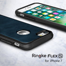 iPhone 7 Case | Flex S - Navy blue leather-textured case on an iPhone 7 with black bumper edges on a marble surface.