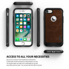 iPhone 7 Case | Flex S - Multiple views of a black and brown leather-textured phone case surrounding an iPhone 7.