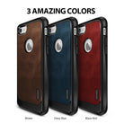 iPhone 7 Case | Flex S - Three iPhone 7 cases in brown, deep blue, and blaze red with textured black frames and Apple logo cutouts.