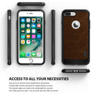iPhone 7 Plus Case | Flex S - Multiple views of a black phone case with a brown leather-textured back and precise cutouts.