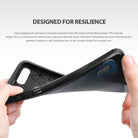 iPhone 7 Plus Case | Flex S - Hands bending a flexible black TPU phone case with a geometric interior pattern and Ringke logo.