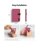 Card Holder | Flip [2 Pack] - Dimensions and installation steps for a pink fabric adhesive phone card holder.