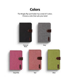 Card Holder | Flip - Five fabric flip card holders in charcoal, gray, deep pink, red, and olive with brown leather accents.