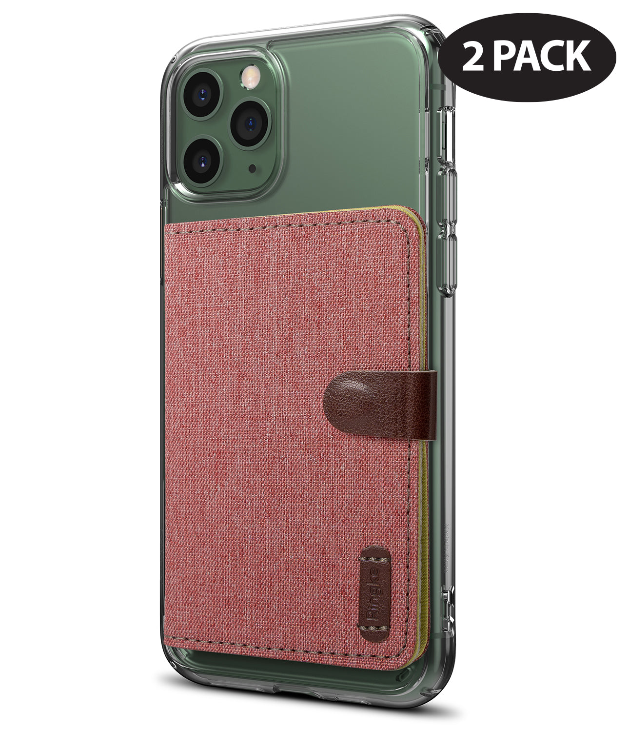 Card Holder | Flip [2 Pack] - Red fabric card holder attached to a clear phone case with a brown leather-style magnetic tab.