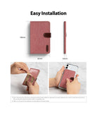 Card Holder | Flip [2 Pack] - Dimensions and installation steps for a red fabric adhesive phone card holder.