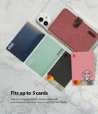 Card Holder | Flip [2 Pack] - A red fabric card holder attached to a phone, surrounded by four credit cards on a marble surface.
