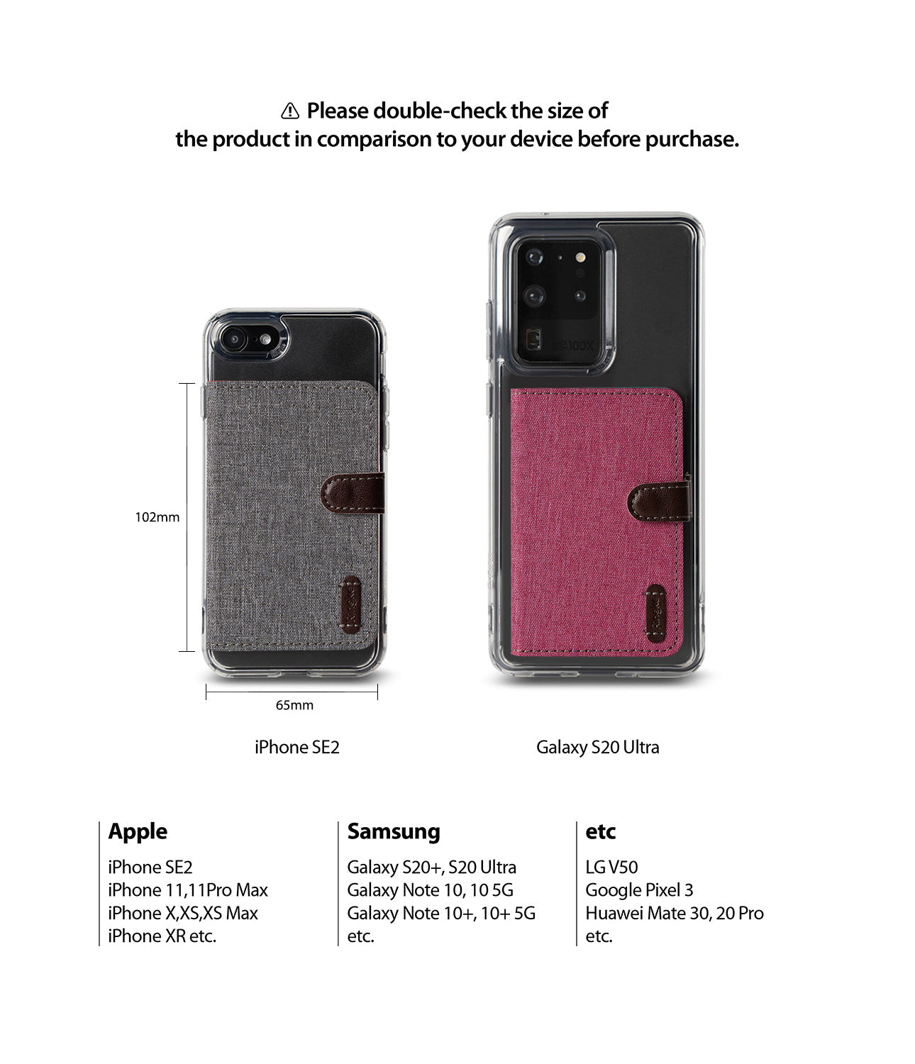 Card Holder | Flip [2 Pack] - Two phones with attached card holders, showing dimensions and a list of compatible device models.