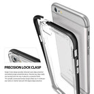 iPhone 6s / 6 Case | Frame - A silver iPhone being inserted into a clear protective case with a black top locking frame.