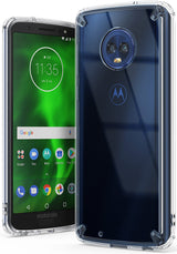 Moto G6 Case | Fusion - Clear protective case on a dark blue Moto G6 smartphone showing the front screen and rear camera.