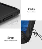 Galaxy A70 Case | Fusion-X - Close-up of responsive buttons and a Quikcatch strap hole on a black protective phone case.