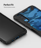 Galaxy A70 Case | Fusion-X - Black rugged phone case with blue camo back, showing precise camera and port cutouts.