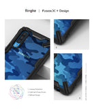 Galaxy A70 Case | Fusion-X - Blue camo phone case with black reinforced corners, camera protection, and strap access.