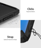 Galaxy A70 Case | Fusion-X - Close-up of responsive buttons and QuikCatch strap hole on a black protective phone case.