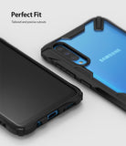 Galaxy A70 Case | Fusion-X - Black protective case on a blue Samsung Galaxy A70 showing precise camera and port cutouts.