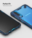 Galaxy A70 Case | Fusion-X - Blue translucent protective phone case on a Samsung Galaxy A70 showing precise port cutouts.