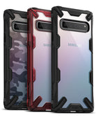 Galaxy S10 5G Case | Fusion-X - Three Galaxy S10 5G phones in camo, red, and clear Fusion-X protective cases.
