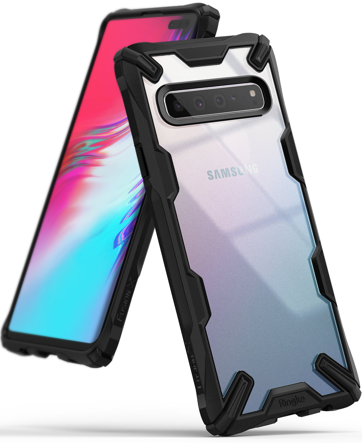 Galaxy S10 5G Case | Fusion-X - Black rugged protective case with clear back panel on a Samsung Galaxy S10 5G smartphone.