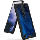 OnePlus 7 Pro Case | Fusion-X - Rugged black protective case with a transparent blue back on a OnePlus 7 Pro smartphone.