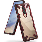 OnePlus 7 Pro Case | Fusion-X - Ruby red rugged protective case with a clear back panel on a OnePlus 7 Pro smartphone.