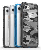 Google Pixel 3a XL Case | Fusion - Four Google Pixel 3a XL phones in clear, blue, and camo-patterned Ringke Fusion cases.