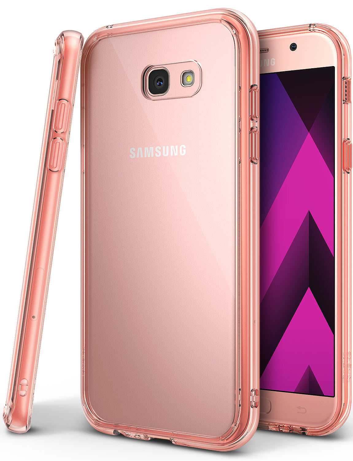 Galaxy A7 (2017) Case | Fusion - Rose Gold - Rose gold Samsung Galaxy A7 phone in a clear, rose gold-tinted protective case.