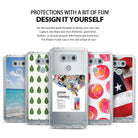 LG G6 Case | Fusion - Five clear phone cases displayed with various custom DIY designs including beach, leaf, and flag patterns.