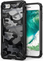 iPhone 8 / 7 Case | Fusion-X - Rugged black protective case with a transparent black camo back panel on an iPhone.