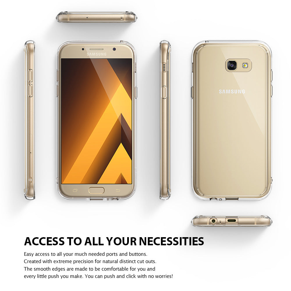 Galaxy A3 (2017) Case | Fusion - Smoke Black - Six views of a gold Samsung Galaxy A3 in a clear protective case.
