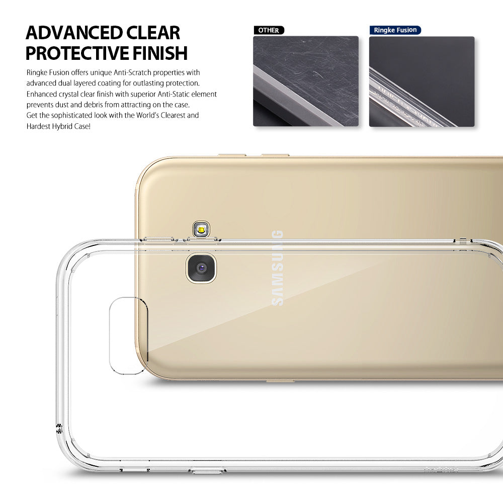 Galaxy A7 (2017) Case | Fusion - Rose Gold - Clear protective phone case overlaid on a gold Samsung Galaxy A7 smartphone.