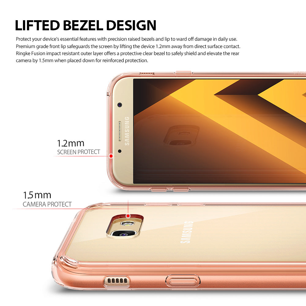 Galaxy A7 (2017) Case | Fusion - Rose Gold - Rose gold phone case showing 1.2mm screen and 1.5mm camera raised bezels.