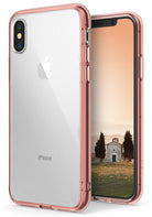 iPhone X Case | Fusion - Clear iPhone X case with a metallic rose gold bumper frame shown from front and back angles.