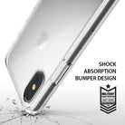 iPhone X Case | Fusion - Clear phone case on an iPhone X above shattered glass with text highlighting shock absorption and military-grade drop protection.