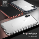 iPhone X Case | Fusion - Three iPhone X phones in clear and rose gold Ringke Fusion cases displayed on a dark background.