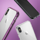 iPhone X Case | Fusion - Three iPhone X devices in clear and purple-tinted protective cases floating against a purple background.