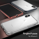 iPhone X Case | Fusion - Three iPhone X phones in clear and rose gold Ringke Fusion cases on a geometric background.