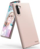 Galaxy Note 10 Case | Air-S - Pink Sand slim phone case on a Galaxy Note 10 displaying a woman blowing a bubblegum bubble.