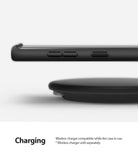 Galaxy Note 10 Case | Air-S - Side view of a black phone in a case resting above a wireless charging pad.