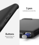 Galaxy Note 10 Case | Air-S - Close-up of phone case buttons and S Pen access port on a black Galaxy Note 10.