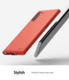 Galaxy Note 10 Case | Air-S - Coral red phone case floating next to a Galaxy Note 10 smartphone on a white background.
