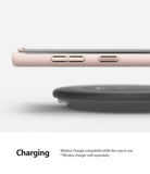 Galaxy Note 10 Case | Air-S - Pink Sand phone case on a Galaxy Note 10 hovering above a black wireless charging pad.