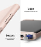 Galaxy Note 10 Case | Air-S - Close-up of pink phone case buttons and the S Pen slot with a blue stylus being removed.